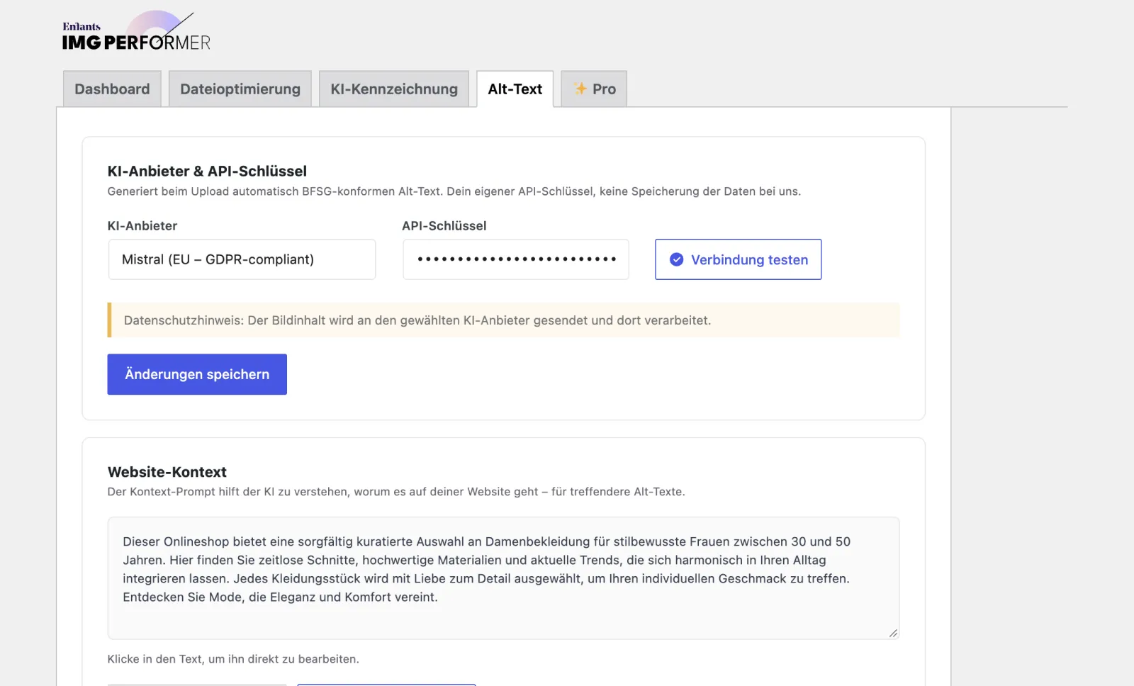Einstellungen von IMG Performer im Reiter „Alt-Text“: Im Bereich „Website-Kontext“ steht jetzt der erzeugte Kontext-Prompt zum Onlineshop für Damenbekleidung.