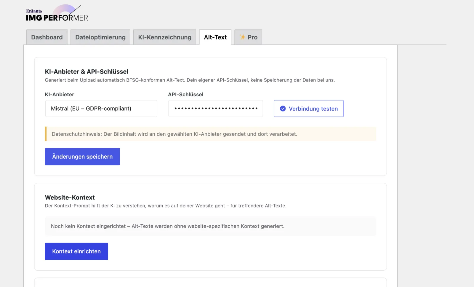 Einstellungen von IMG Performer im Reiter „Alt-Text“: Der Bereich „Website-Kontext“ meldet „Noch kein Kontext eingerichtet“, darunter die Schaltfläche „Kontext einrichten“.