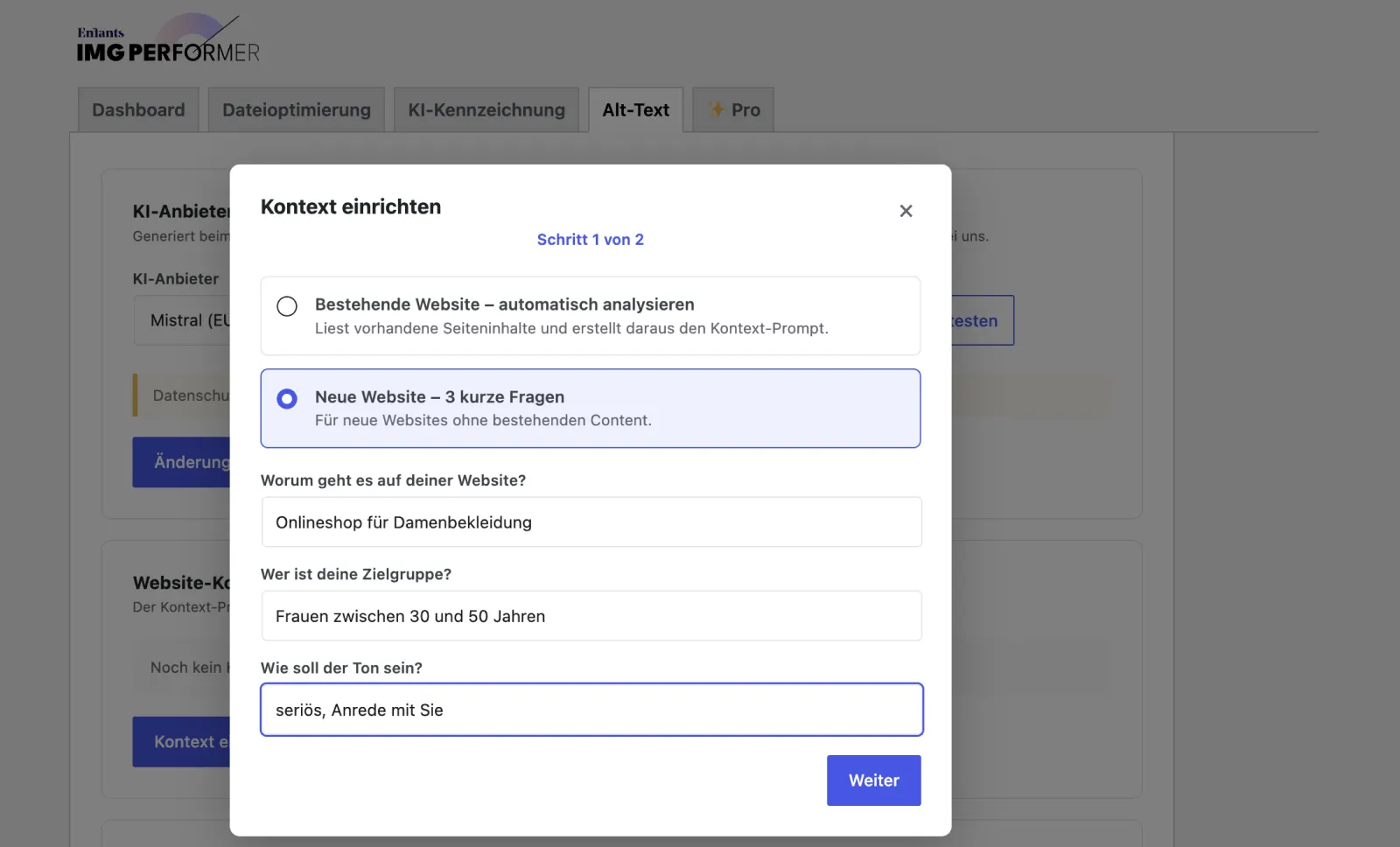 Dialog „Kontext einrichten“ mit der Option „Neue Website – 3 kurze Fragen“: Eingetragen sind „Onlineshop für Damenbekleidung“, „Frauen zwischen 30 und 50 Jahren“ und „seriös, Anrede mit Sie“.