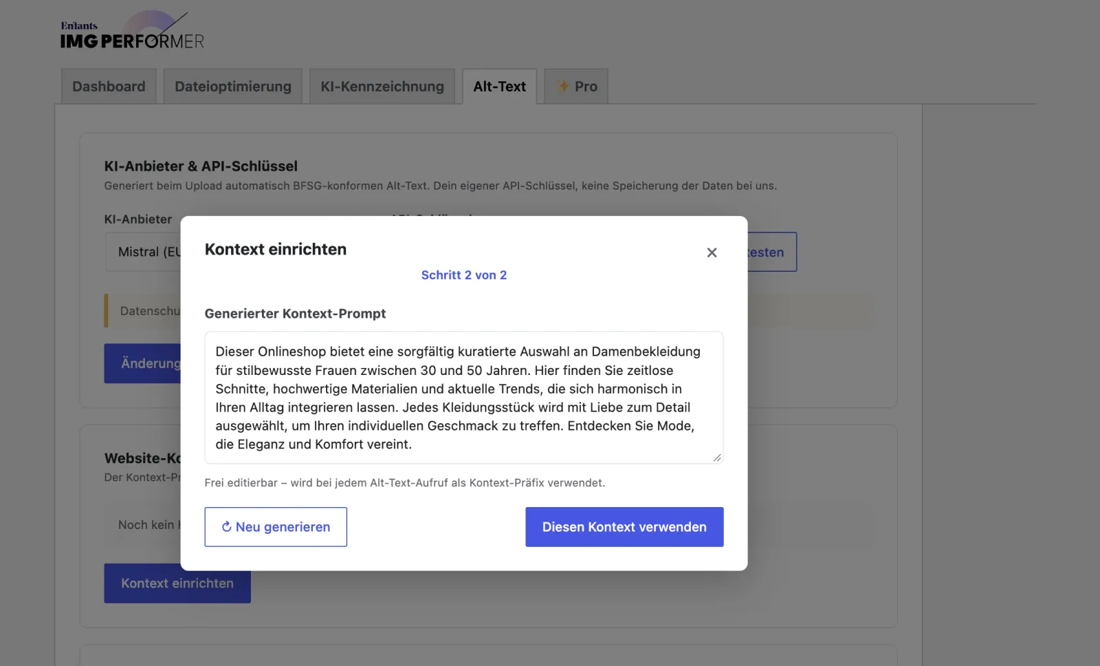 Dialog „Kontext einrichten“, Schritt 2 von 2: Der erzeugte Kontext-Prompt beschreibt einen Onlineshop für Damenbekleidung, darunter die Schaltflächen „Neu generieren“ und „Diesen Kontext verwenden“.
